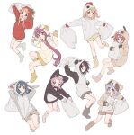  6+girls akaza_akari animal_costume animal_ears aqua_eyes black_hair blonde_hair blue_eyes blue_hair braid brown_eyes brown_hairband brown_shorts brown_socks cat_costume cat_ears chicken_costume closed_mouth dog_costume dog_ears fake_animal_ears fang funami_yui furutani_himawari glasses grey_shorts grey_socks hair_intakes hair_ornament hairband hairclip highres holding holding_pillow horns ikeda_chitose jumping leg_up light_brown_hair long_hair loose_socks multiple_girls namori oomuro_sakurako open_mouth pajamas panda_costume panda_ears pillow pillow_fight pink_hair pink_shorts pink_socks purple_eyes purple_hair rabbit_costume rabbit_ears raccoon_costume red_hair sheep_costume sheep_horns short_hair shorts simple_background smile socks sugiura_ayano tomato_costume toshinou_kyouko twin_braids v-shaped_eyebrows wavy_hair white_background yellow_shorts yellow_socks yoshikawa_chinatsu yuru_yuri 