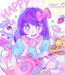  +_+ 1girl aubrey_(omori) blue_shirt bow cake cake_slice candy clenched_hands cupcake doughnut drooling food fruit hair_bow hashtag_only_commentary highres ice_cream_cone iro_(mywife_sunny) jar light_blush long_hair macaron omori open_mouth pale_skin pancake pancake_stack pink_background pink_bow plaid plaid_background purple_eyes purple_hair shirt solo sparkle sprout_mole strawberry 