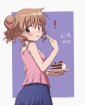  ! 1girl :3 absurdres blush brown_eyes brown_hair cake cake_slice commentary dated dated_commentary food from_behind hair_bun hidamari_sketch highres hiro_(hidamari_sketch) holding holding_plate index_finger_raised looking_back plate pleated_skirt skirt smile solo tank_top tongue tongue_out yunoppi 