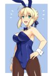  1girl :d animal_ears artoria_pendragon_(fate) blue_background blue_bow blue_bowtie blue_hairband blue_leotard blue_ribbon border bow bowtie breasts brown_pantyhose collarbone commentary_request covered_navel cowboy_shot detached_collar fake_animal_ears fate/grand_order fate_(series) hair_ribbon hairband hand_on_own_hip haruhisky highres large_breasts leotard notice_lines open_mouth pantyhose playboy_bunny rabbit_ears ribbon saber_(fate) simple_background smile solo standing teeth tongue upper_teeth_only white_border white_wrist_cuffs wrist_cuffs 