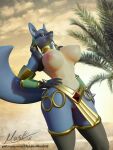 3d_(artwork) anthro blender_(software) breasts clothed clothing digital_media_(artwork) egyptian female generation_4_pokemon genitals hand_on_hip hi_res hiddenmask18 legwear looking_down lucario navel nintendo nude partially_clothed pokemon pokemon_(species) pussy solo stockings