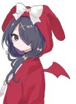  1girl ame-chan_(needy_girl_overdose) black_eyes black_hair bow closed_mouth demon_wings fake_wings from_side hair_down hair_ornament hair_over_one_eye hood hood_up hoodie kabe_(zp66104) long_hair long_sleeves looking_at_viewer needy_girl_overdose official_alternate_costume official_alternate_hairstyle red_hoodie red_wings simple_background smile solo upper_body white_background white_bow wings x_hair_ornament 