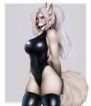  anthro black_nose canid canine female hair mammal miosha orange_eyes rubber simple_background solo thin_waist white_hair wide_hips 