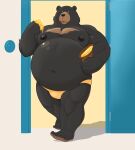 2024 anthro bear belly big_belly black_body black_nose clothing food hi_res honey_(food) male mammal moobs musicsliders nipples overweight overweight_male solo underwear walking