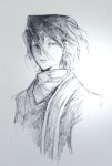  1boy absurdres chi_cheng graphite_(medium) greyscale hair_between_eyes highres looking_at_viewer male_focus monochrome narrowed_eyes parted_lips portrait saibou_shinkyoku shirt short_hair simple_background sketch solo stole traditional_media utsugi_noriyuki white_background 