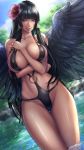 1girl arm_between_breasts arm_under_breasts bangs black_hair black_swimsuit black_wings blue_sky blunt_bangs blush breasts cleavage cloud collarbone covered_nipples day dead_or_alive dutch_angle feathered_wings flower groin hair_flower hair_ornament highres hime_cut large_breasts lips long_hair looking_at_viewer mole mole_under_mouth navel nyotengu o-ring o-ring_swimsuit outdoors purple_eyes sadakage skindentation sky smile solo swimsuit thighs tongue tongue_out tsurime wading wet wings 