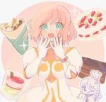  1girl :o armor armored_dress blue_eyes border cake chef_hat chibi chibi_inset chocolate_cake estellise_sidos_heurassein food fruit gloves gold_trim haruaki_023 hat ice_cream medium_hair necktie one_eye_closed open_mouth pink_background pink_hair sparkle strawberry strawberry_cake tales_of_(series) tales_of_vesperia whisk white_border white_gloves 