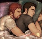  2boys bad_id bad_tumblr_id bara beard_stubble blurry bokeh brad_(coming_out_on_top) brown_hair coming_out_on_top couple cuddling depth_of_field facial_hair from_above from_side head_on_another&#039;s_back head_rest hug hug_from_behind lying male_focus mark_(coming_out_on_top) mature_male multiple_boys mustache_stubble on_side orange_hair profile rumlockerart shirt short_hair sleeping smile sparse_stubble stubble t-shirt thick_eyebrows upper_body yaoi 