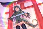  1girl black_hair cloud dragon_horns dragon_tail fusou_empire_princess highres holding holding_sword holding_weapon horns kogarashi51 long_hair looking_at_viewer military_uniform old_school_swimsuit purple_eyes school_swimsuit sky standing strike_witches_zero sun swimsuit swimsuit_under_clothes sword tail thighhighs torii uniform weapon world_witches_series 