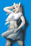 anthro bottomwear canid canine canis clothed clothing crop_top female greisoul hand_behind_head helluva_boss hi_res looking_at_viewer loona_(helluva_boss) mammal muscular navel red_eyes shirt simple_background skirt solo standing topwear wolf