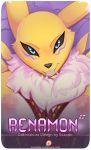  2019 advertisement anthro black_sclera blue_eyes breasts canid canine canis conditional_dnp digimon digimon_(species) digital_media_(artwork) female fur hi_res looking_at_viewer mammal nipples open_mouth patreon renamon scappo smile solo yellow_fur 