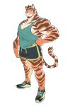  1boy animal_ears asher_(saltypoundcake) bara black_shorts clenched_hand dolphin_shorts eyebrow_piercing facial_hair fang fang_out full_body furry furry_male goatee green_tank_top hand_on_own_hip highres large_pectorals looking_at_viewer looking_to_the_side male_focus mature_male midriff_peek muscular muscular_male orange_fur original pectoral_cleavage pectorals piercing saltypoundcake shoes short_hair short_shorts shorts sidepec smile sneakers solo standing streaked_beard tank_top thick_eyebrows tiger_boy tiger_ears two-tone_fur whiskers white_background 