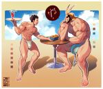  2boys abs all_might alternate_costume antenna_hair bara blonde_hair blue_male_swimwear blush boku_no_hero_academia brown_hair bulge cocktail_glass commission cup drinking_glass drinking_straw facing_another from_side fundoshi giving_food grin highres holding holding_tray japanese_clothes jezz_mons_art large_bulge large_pectorals male_focus male_swimwear mature_male multiple_boys muscular muscular_male nipples pectorals profile satou_rikidou see-through short_hair sitting smile sparkling_aura spiked_hair swim_briefs thick_eyebrows thick_thighs thighs topless_male tray veins veiny_arms waiter wet_male_swimwear yaoi 