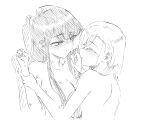  2girls after_kiss black_hair breast_press breasts closed_eyes hair_between_eyes hands_on_another&#039;s_wrists highres holding_another&#039;s_wrist imminent_kiss komi-san_wa_komyushou_desu komi_shouko large_breasts lipstick_mark long_hair mitsugu monochrome multiple_girls nude rami_kawai short_hair sidelocks sketch symmetrical_docking yuri 