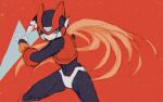  1boy armor black_bodysuit blonde_hair bodysuit crop_top energy_sword helmet holding holding_sword holding_weapon lemon_inu long_hair mega_man_(series) mega_man_zero_(series) simple_background solo sword weapon zero(z)_(mega_man) zero_(mega_man) 