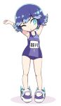  1girl arms_up frown full_body green_eyes himekawa_fubuki multicolored_hair nollety one_eye_closed purple_hair school_swimsuit short_hair simple_background solo standing stretching swimsuit two-tone_hair white_background youkai_watch 