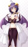  1girl absurdres ahoge black_hair breastless_clothes breasts corset cross_facial_mark cross_pasties daenu demon_wings forward_facing_horns highres hiiragi_utena holding_riding_crop horns low_wings lowleg lowleg_pants magia_baiser mahou_shoujo_ni_akogarete navel pants pasties purple_corset purple_pants purple_pasties riding_crop short_hair showgirl_skirt small_breasts solo white_shrug wings yellow_eyes yellow_horns 