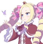  1girl beatrice_(re:zero) blonde_hair blue_eyes blush bug butterfly butterfly-shaped_pupils capelet commentary_request crown dress drill_hair fur-trimmed_capelet fur_trim hair_ribbon long_hair mini_crown open_mouth pink_ribbon purple_butterfly re:zero_kara_hajimeru_isekai_seikatsu red_capelet ribbon s_(hdru2332) sidelocks simple_background solo symbol-shaped_pupils twin_drills upper_body white_background wide_sleeves 