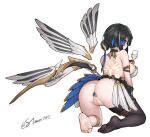  1girl arm_strap ass back bare_back bare_shoulders black_hair black_thighhighs blue_eyes blue_hair breasts butt_plug commentary_request cup detached_wings drinking_glass feet from_behind full_body hair_bun hair_ornament holding holding_cup jewel_butt_plug katya_(snowbreak) large_breasts multicolored_hair no_panties profile pussy revealing_clothes sex_toy signature simple_background single_thighhigh snowbreak:_containment_zone soles solo squatting stmast streaked_hair thighhighs twitter_username two-tone_hair uncensored white_background wings 
