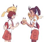  ! 2girls anna_(pokemon) backpack bag black_hair brown_eyes brown_hair closed_eyes collared_shirt dark-skinned_female dark_skin from_side highres holding holding_stuffed_toy hoyon multiple_girls naranja_academy_school_uniform necktie nemona_(pokemon) on_head on_shoulder open_mouth orange_necktie orange_shorts own_hands_together pawmo pikachu pokemon pokemon_(creature) pokemon_on_head pokemon_on_shoulder pokemon_sv ponytail school_uniform shirt short_sleeves shorts stuffed_toy teeth white_background white_shirt 