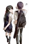  1boy 1girl backpack bag bandaged_arm bandages black_hair black_socks blue_skirt blue_sweater_vest commentary grey_pants grey_sweater_vest hair_ornament hair_ribbon hairclip half_updo hashtag_only_commentary highres kenmochi_touya kenmochi_touya_(1st_costume) kneehighs long_hair nijisanji pants plaid plaid_skirt pleated_skirt purple_hair qing_yan_xia red_ribbon ribbon school_uniform shirt short_hair short_sleeves simple_background skirt socks squiggle sweater_vest tsukino_mito tsukino_mito_(3rd_costume) virtual_youtuber white_background white_shirt 