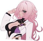  1girl black_shirt blue_eyes blush breasts cleavage closed_mouth elf elysia_(honkai_impact) facing_to_the_side grey_background honkai_(series) honkai_impact_3rd jacket long_sleeves looking_ahead minxinq multicolored_eyes pink_eyes pink_hair pointy_ears shirt simple_background smile solo white_jacket 