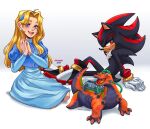  1boy 1girl 2024 biolizard blonde_hair blue_eyes droffagner earrings full_body furry furry_male gloves highres jewelry kingofhighlands lizard_tail maria_robotnik open_mouth own_hands_together red_eyes shadow_the_hedgehog signature smile sonic_(series) sonic_adventure_2 tail white_gloves 