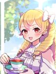 1girl ascot blonde_hair blue_sky blurry blurry_background cloud commentary_request cup drill_hair earrings eyelashes fire_emblem fire_emblem_awakening gogatsu_(yeaholiday) highres holding holding_plate jewelry long_hair looking_at_viewer maribelle_(fire_emblem) open_mouth outdoors plate red_eyes sky smile solo steam tea teacup twin_drills upper_body white_ascot 