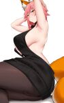  1girl absurdres animal_ear_fluff animal_ears arind_yudha armpits arms_up backless_outfit bare_shoulders black_sweater breasts brown_pantyhose fate/extra fate_(series) fox_ears fox_girl fox_tail hair_between_eyes highres large_breasts long_hair looking_at_viewer meme_attire pantyhose pink_hair sideboob sidelocks smile solo sweater tail tamamo_(fate) tamamo_no_mae_(fate/extra) virgin_killer_sweater yellow_eyes 