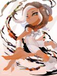  1girl absurdres agent_8_(splatoon) bodysuit brown_eyes brown_hair closed_mouth commentary daami_(daami2000) dark-skinned_female dark_skin eyelashes glitch highres medium_hair sleeveless sleeveless_bodysuit solo splatoon_(series) splatoon_3 splatoon_3:_side_order symbol-only_commentary tentacle_hair white_background white_bodysuit 