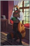  2019 ailurid animal_genitalia anthro balls big_balls black_balls book bottomless clothed clothing eyewear fur glasses half-erect hi_res huge_balls looking_at_viewer male mammal omari partran_(red_panda) penis red_panda sheath smile solo standing vein 