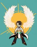  1boy angel_wings belt black_hair black_pants blue_background chain coat full_body green_eyes hcc1bai limbus_company long_sleeves looking_at_viewer meursault_(project_moon) pants project_moon simple_background solo white_coat white_wings wings yellow_belt 