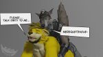 3d_(artwork) animal_humanoid anthro blender_(software) brown_hair canid canid_humanoid canine canine_humanoid canis digital_media_(artwork) dog_humanoid duo ears_down epic_games fortnite fur hair hi_res humanoid male male/male mammal mammal_humanoid pivoted_ears rogerwoof rogerwoof_(character) simple_background speech_bubble wendell_(fortnite) whispering_in_ear wolf wolf_humanoid yellow_body yellow_fur