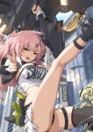  absurdres asymmetrical_legwear breasts finger_gun green_eyes highres large_breasts looking_at_viewer nicole_demara one open_mouth pink_hair pointing single_thighhigh solo strapless thigh_strap thighhighs thighs tongue tube_top yan_(unicorn404) zenless_zone_zero 