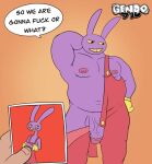 anthro clothing gendomx genitals humanoid_genitalia humanoid_penis jax_(the_amazing_digital_circus) lagomorph leporid male mammal overalls penis rabbit the_amazing_digital_circus weight_gain