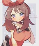  1girl bare_shoulders blue_eyes bow breasts brown_hair closed_mouth hair_bow hand_on_own_chest hottomiruku large_breasts looking_at_viewer may_(pokemon) pokemon pokemon_oras red_bow red_shirt shirt sleeveless sleeveless_shirt smile solo star_(symbol) upper_body 