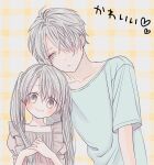  1boy 1girl blush brother_and_sister couple dress expressionless green_eyes grey_eyes grey_hair highres long_hair original own_hands_together shirt short_hair siblings smile twintails upper_body waramugu 
