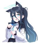  1girl absurdly_long_hair animal_ear_fluff animal_ears aris_(blue_archive) black_hair black_skirt blue_archive blue_eyes blue_halo blue_necktie blush cat_ears collared_shirt extra_ears fang foulo_paints halo highres jacket long_hair long_sleeves looking_at_viewer necktie open_clothes open_jacket open_mouth ringed_eyes shirt simple_background skin_fang skirt smile solo upper_body very_long_hair white_background white_jacket white_shirt 