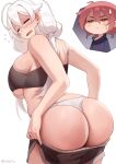  2girls ahoge ass breasts closed_eyes clothes_pull curvy highres huge_ass huge_breasts iwbitu large_breasts multiple_girls nyopu original panties red_hair shorts shorts_pull sports_bra thong underwear white_background white_hair white_panties 