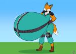 anthro belt bloated canid canine clothing epic_games fennix_(fortnite) fortnite fox fur green_clothing inflation male mammal nervous obese open_mouth orange_body orange_fur outside overweight rumbling_stomach solo v1sage white_body white_fur yellow_eyes