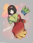  1girl black_hair character_name closed_eyes commentary english_commentary erika_(pokemon) full_body grey_background hairband heart highres japanese_clothes kimono lying medium_hair oddish on_side pokemon pokemon_(creature) pokemon_lgpe print_hairband red_eyes red_hairband sleeping touyarokii 