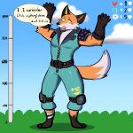 1:1 absurd_res anthro belt belt_buckle blush canid canine clothing english_text epic_games fennix_(fortnite) fortnite fox fur gloves green_clothing handwear hi_res male mammal nervous open_mouth orange_body orange_fur solo spikes standing suit text v1sage white_body white_fur yellow_eyes