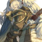  1boy 1girl black_gloves black_hairband blue_cape cape crying crying_with_eyes_open deep_wound female_my_unit_(fire_emblem_if) fire_emblem fire_emblem_if floating_hair gloves hair_between_eyes hair_ribbon hairband hug injury long_hair mooncanopy my_unit_(fire_emblem_if) pointy_ears ponytail red_eyes red_ribbon ribbon shoulder_armor silver_hair simple_background takumi_(fire_emblem_if) tears very_long_hair white_background 