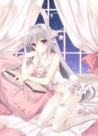  absurdres animal_ears babydoll bed book bow bunny_ears collarbone full_body hair_ornament hair_ribbon high_heels highres indoors kneeling lingerie long_hair looking_at_viewer navel panties pillow red_eyes ribbon sakurakouji_luna silver_hair solo star starry_background suzuhira_hiro tsuki_ni_yorisou_otome_no_sahou underwear white_legwear white_panties window 