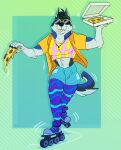 90s_clothing abs absurd_res anthro blue_body blue_fur bottomwear canid canine canis clothed clothing colby_(husky) crop_top domestic_dog emufur eyewear food fur grey_body hi_res holding_object husky inline_skates jewelry leggings legwear male mammal midriff muscular muscular_anthro muscular_male navel necklace nordic_sled_dog open_clothing open_shirt open_topwear orange_clothing orange_shirt orange_topwear pecs pizza pizza_box pizza_slice roller_skates shirt simple_background skating solo spitz sunglasses tail tongue tongue_out topwear