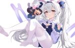  1girl absurdres animal_ears ass azur_lane blue_leotard breasts cleavage cleavage_cutout clothing_cutout commentary crossed_bangs fake_animal_ears feet grey_hair hair_between_eyes highres holding holding_tray laffey_(azur_lane) laffey_ii_(azur_lane) laffey_ii_(sleepy_on_a_busy_day)_(azur_lane) leotard long_hair manjuu_(azur_lane) medium_breasts pantyhose parted_lips pink_eyes rabbit_ears shrug_(clothing) simple_background soles solo thighband_pantyhose thighs tns-yoru toes tray very_long_hair white_background white_pantyhose white_shrug 