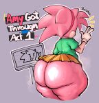 amy_rose anthro big_butt biped bodily_fluids bottomwear butt clothed clothing eulipotyphlan female hair hedgehog hi_res huge_butt mammal pink_body ruruduu sega solo sonic_the_hedgehog_(series) sweat text thick_thighs