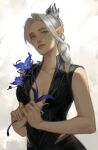  1girl baldur&#039;s_gate baldur&#039;s_gate_3 bare_arms bare_shoulders black_vest blue_flower breasts closed_mouth collarbone crown dungeons_and_dragons flower grey_hair highres holding holding_flower large_breasts long_hair multi-tied_hair official_alternate_hair_color shadowheart_(baldur&#039;s_gate) smile solo unii_outlawed upper_body vest white_background 