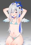  1girl absurdres amane_kanata amane_kanata_(work) armpits arms_behind_head arms_up bikini blue_bikini blue_eyes blue_hair blunt_bangs blush commentary_request eyes_visible_through_hair feathered_wings flat_chest frown gradient_background grey_background hair_ornament hair_over_one_eye hairclip highres hololive karikari_ume long_bangs long_hair looking_down mini_wings multicolored_hair navel open_mouth paid_reward_available seiza simple_background sitting solo star_(symbol) star_hair_ornament swimsuit two-tone_hair v-shaped_eyebrows virtual_youtuber white_hair white_wings wings 