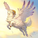  animal animal_focus closed_eyes cloven_hooves commentary_request commission curled_horns falling_feathers feathered_wings flying full_body highres hooves horns no_humans open_mouth original sheep signature skeb_commission smile solo tail twitter_username winged_animal wings yamamura_le 